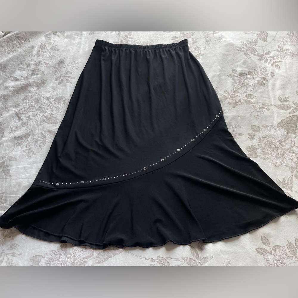 VTG Black Asymmetric Silver Floral Trim Midi Slip Skirt‎ Medium Whimsigoth Goth